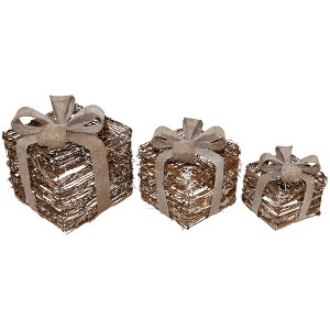 Northlight Lighted Rattan Gift Boxes with Burlap Bows Christmas Decorations - 9" - Set of 3 - 1 of 4