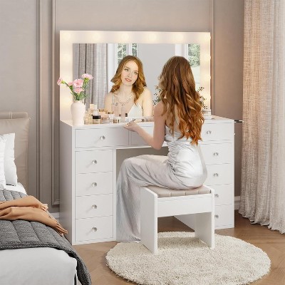 Vanity Desk with Power Outlet, 11 Drawers Makeup Vanity with Mirror and 12 LED Lights, 3 Lighting Modes, Glass Top Vanity Set