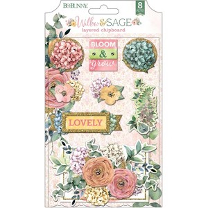 BoBunny Willow & Sage Layered Chipboard Stickers, 8pcs - 1 of 4