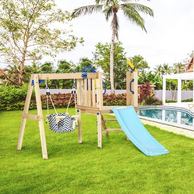 Natural Wooden Outdoor Playset with Swing, Slide, and Fort
