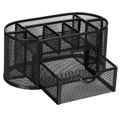 Unique Bargains Metal Oval 8 Compartments and 1 Drawer Pen Holder