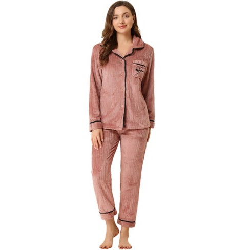 Cheibear Women's Soft Warm Fluffy Fleece Button Down Long Sleeve Sleepwear  With Pockets Pajama Set Pink Medium : Target