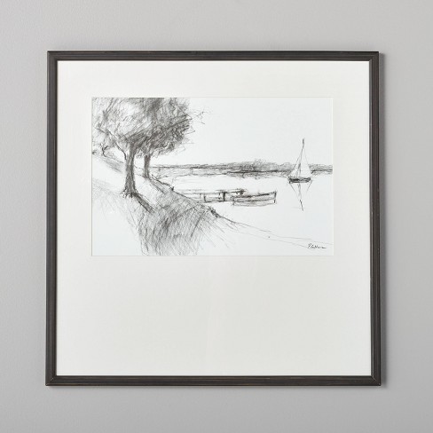 24"x24" Waterfront Landscape Sketch Framed Wall Art Black/White - Hearth & Hand™ with Magnolia - image 1 of 3