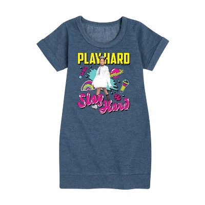 Nickelodeon Play Hard Slay Hard Graphic Short Sleeve Fleece Dress - Heather Navy - Small