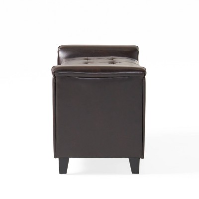 Brown Tufted Faux Leather Storage Ottoman Bench with Armrests