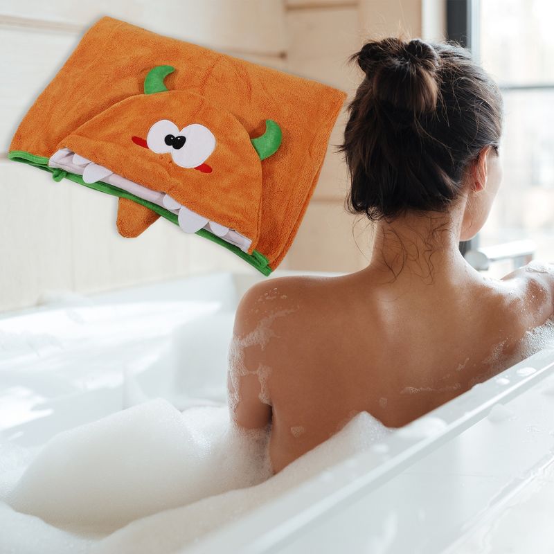 Unique Bargains Soft Absorbent Coral Fleece Hooded Towel for Bathroom Classic Design 53"x31" Orange 1 Pc, 2 of 7