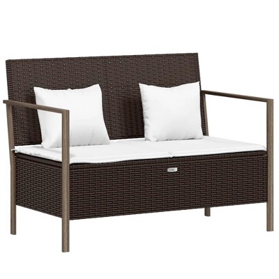 vidaXL 2-Seater Patio Bench with Cushion, Brown Poly Rattan
