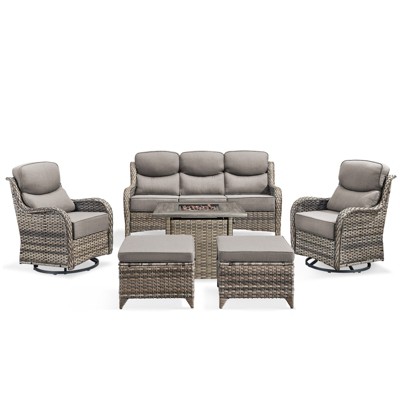Buenhomino 7 Pieces Patio Furniture Sets with Fire Pit Table, Wicker High Back Outdoor Swivel Rocking Chairs Set with 3-Seat Couch, Ottomans and Table