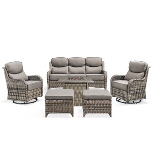 Buenhomino 7 Pieces Patio Furniture Sets with Fire Pit Table, Wicker High Back Outdoor Swivel Rocking Chairs Set with 3-Seat Couch, Ottomans and Table - 1 of 4
