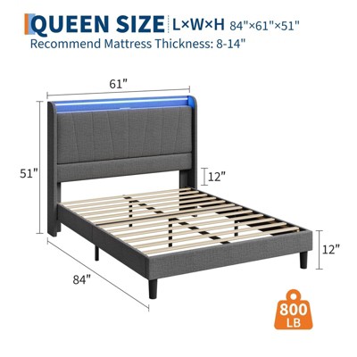 Bed Frame with Charging Station & LED Lights, Modern Platform Bed with Wooden Slats, Upholstered Headboard, No Box Spring, Easy Assembly