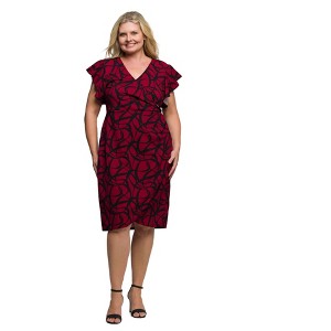 24seven Comfort Apparel Burgundy Print Flutter Sleeve Faux Wrap Dress - 1 of 3