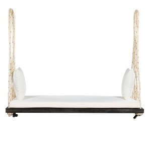 Okak Wooden Porch Swing with Cushion and Pillows, Hanging Chair with 10.8Ft Ropes, Outdoor Swing for Garden, Backyard and Lawn - 1 of 4