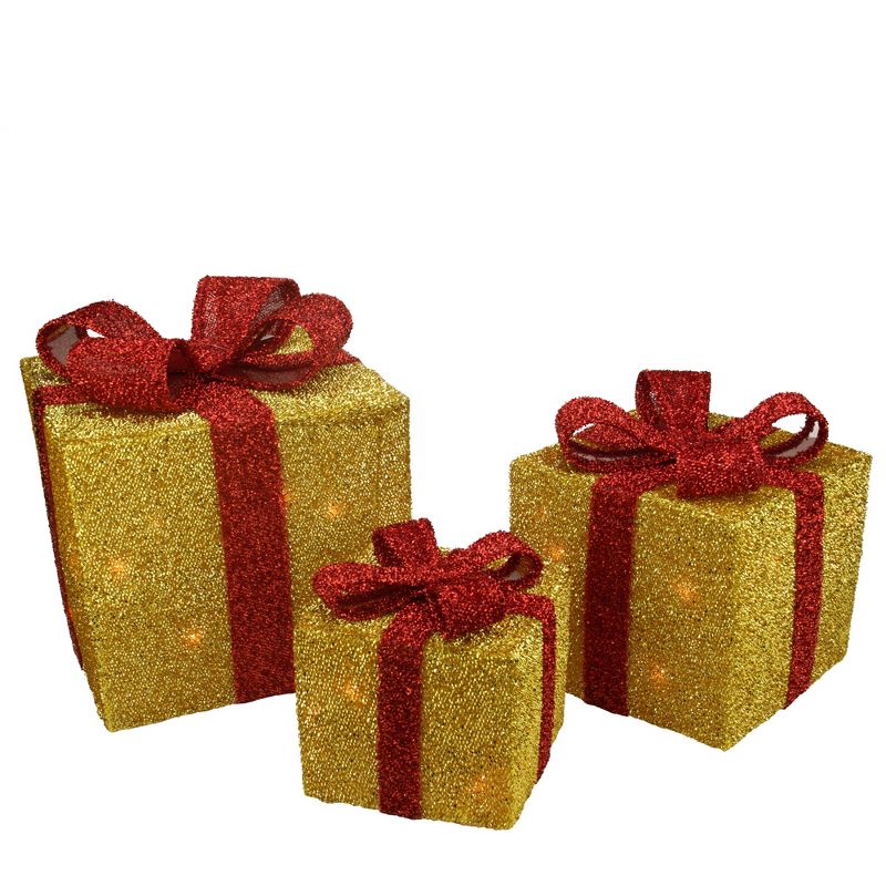 Northlight Set of 3 Gold and Red Gift Boxes with Bows Lighted Christmas Outdoor Decorations, 1 of 4