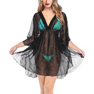 LA LEELA Women's Beachwear Summer Beach Bikini Sheer Chiffon Cover up V Neck Dress Bathing Suit Swimwear Coverups for Women Large-X-Large Black, Solid - 1 of 3