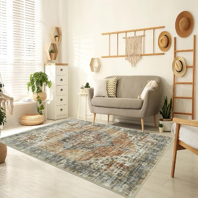 Runner Rug for Hallways Machine Washable Vintage Distressed Rug Non-Slip Low Pile No-Shedding Easy-Clean Bedside Accent Carpet Indoor