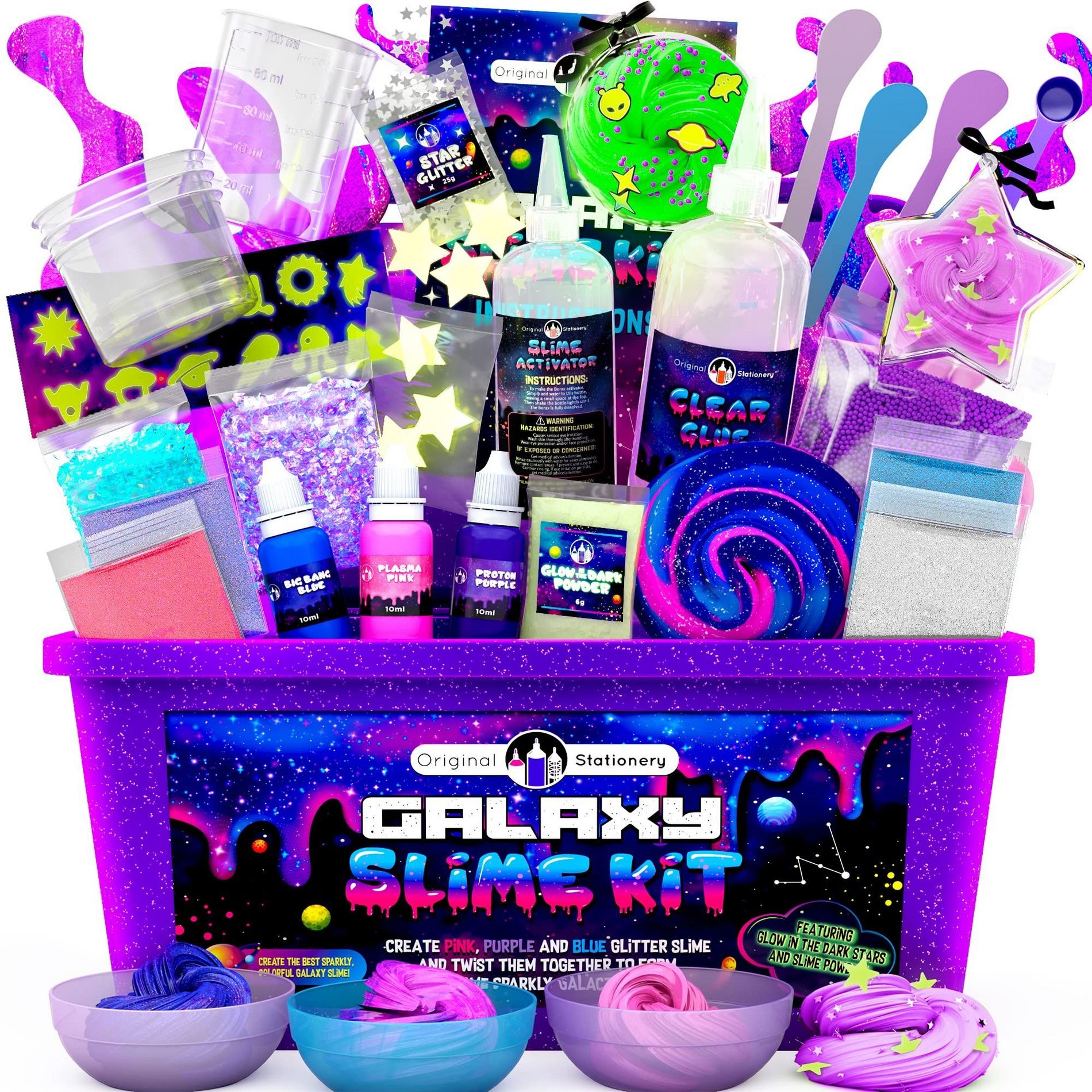 Original Stationery Galaxy Slime Kit, Fun Slime Set with Glow in The Dark Stickers and Glow in the Dark Powder to Make Glitter Slime