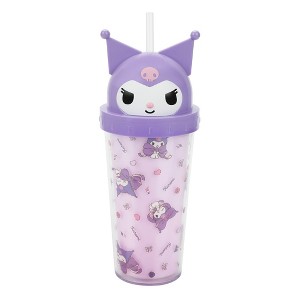 Kuromi Hearts Ribbons & Roses 16 Oz Purple Plastic Cup With 3D Character Topper - 1 of 4