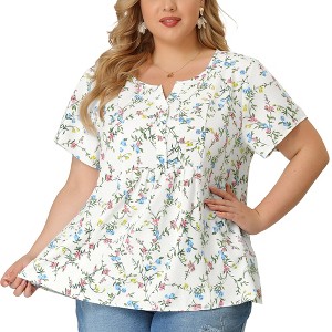 Agnes Orinda Women's Plus Size Floral Split Neckline Short Sleeve Casual Blouses - 1 of 4
