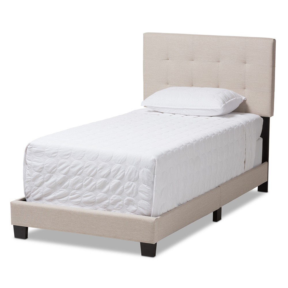 Photos - Bed Twin Brookfield Modern and Contemporary Fabric Upholstered  Beige - Baxton Studio: Grid-Tufting, Black Wood Legs