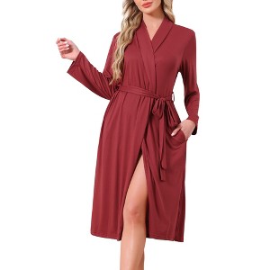 INSPIRE CHIC Women Loungewear V-neck Long Sleeve Robes Tie waist Midi Bathrobe with Pockets - 1 of 4