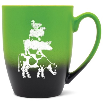 Elanze Designs 12 Ounce Ceramic Decorative Laser Engraved Cow Pig Sheep Chicken Giftable Novelty Tea Coffee Cup Mug Green and Black Stacked Farm
