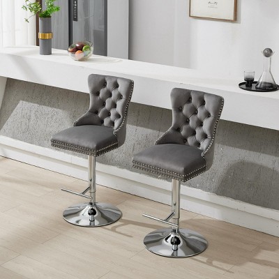 INFURNIC Counter and Bar Stools Swivel Velvet Bar Stool with Adjustable Height for Kitchen and Home Bar, Gray, 20.4"*17.5"*49.9"