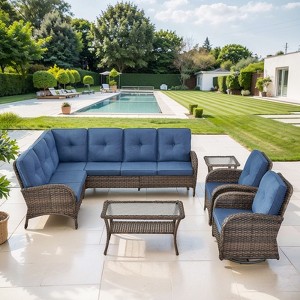 POCASSY 6 Piece Outdoor Sectional Furniture with Swivel Chairs, Brown Wicker L-Shape Sectional Corner Sofa Set with Deep Seat High Back Thick Cushion - 1 of 4