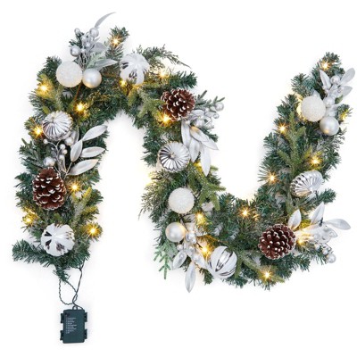6 Ft Christmas Garland with Lights for Mantle, Garland with Silver White Balls Pine Cones for Indoor Outdoor Fireplace Stair Railing Holiday Decor