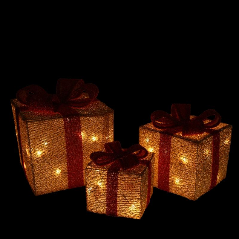 Northlight Set of 3 Gold and Red Gift Boxes with Bows Lighted Christmas Outdoor Decorations, 2 of 4