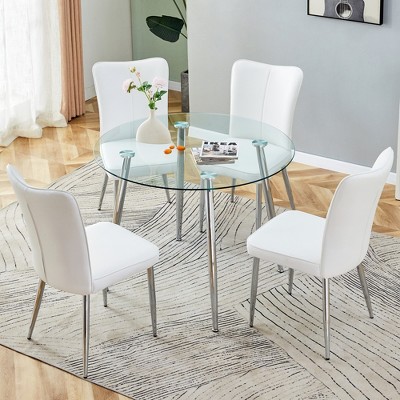 5-Piece Dining Set with Tempered Glass Table and 4 PU Armless Chairs