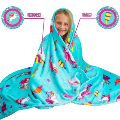 Large Blue Unicorn and Mermaid Fleece Blanket for Girls