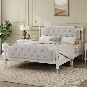 CAVINAS Traditional Style Solid Wood Bed Frame with Upholstered Tufted Headboard, Full Size Bed Frame, No Box Spring - 1 of 4