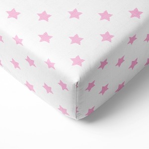Bacati - Stars Pink Ikat Muslin 100 percent Cotton Universal Baby US Standard Crib or Toddler Bed Fitted Sheet - 1 of 4