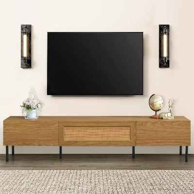 KTMBDW TV Stand for TVs up to 80'', Entertainment Center With Rattan 3 Cabinets, Long Boho Media Console for Living Room, Natural