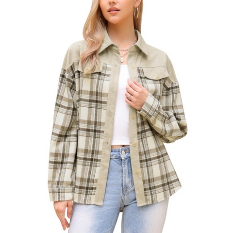 INSPIRE CHIC Women's Corduroy Flannel Shacket Plaid Button Down Casual Shirt Jackets Apricot Medium
