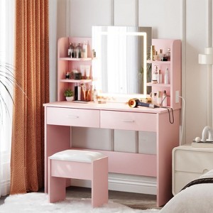 Acekool Vanity Desk with Lighted Mirror, Stool, Power Outlet, 6 Shelves, 2 Large Drawers, 3-Color Adjustable LED, Makeup Vanity for Bedroom, Pink - 1 of 4