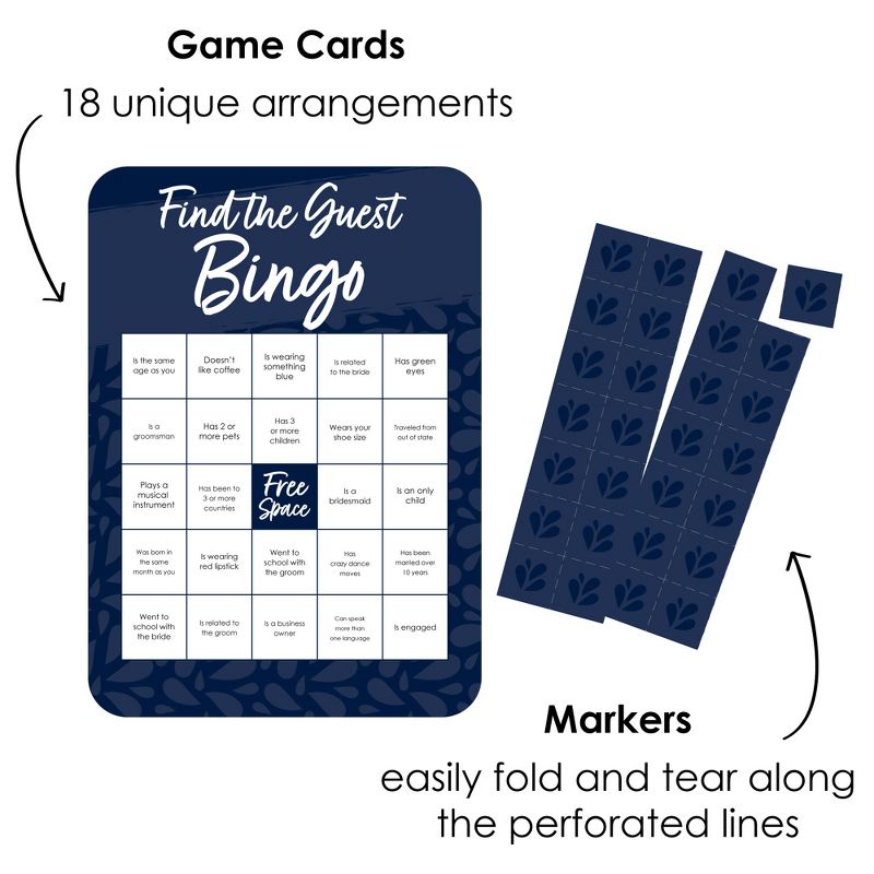 Big Dot of Happiness Navy Blue Elegantly Simple - Find the Guest Bingo Cards and Markers - Wedding & Bridal Shower Bingo Game  Set of 18, 2 of 6