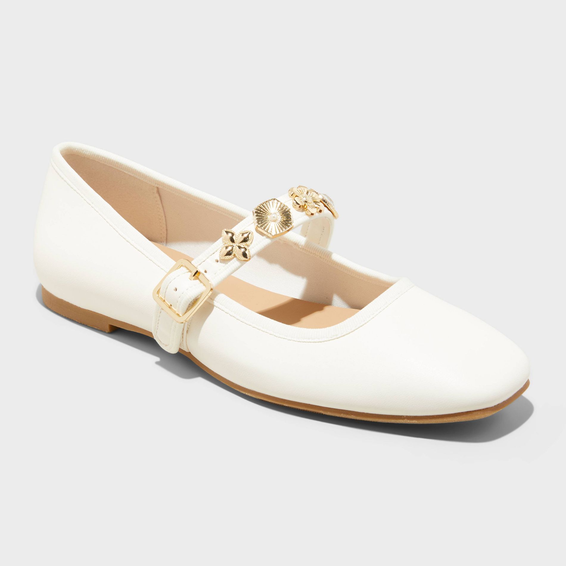 Women's Rebecca Embellished Strap Mary Jane Flats with Memory Foam Insole - A New Day™ Ivory 11: Buckle Closure, Textured Outsole