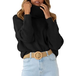 Womens Pullover Turtleneck Sweater Ribbed Knit Sweater Long Sleeve Chunky Sweater Loose Fit Knitwear Pullover Jumper Tops,Black - S - 1 of 4