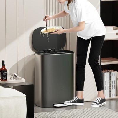 Vynxaria 13 Gallon 50L Kitchen Foot Pedal Operated Soft Close Trash Can - Stainless Steel Ellipse Bustbin - S