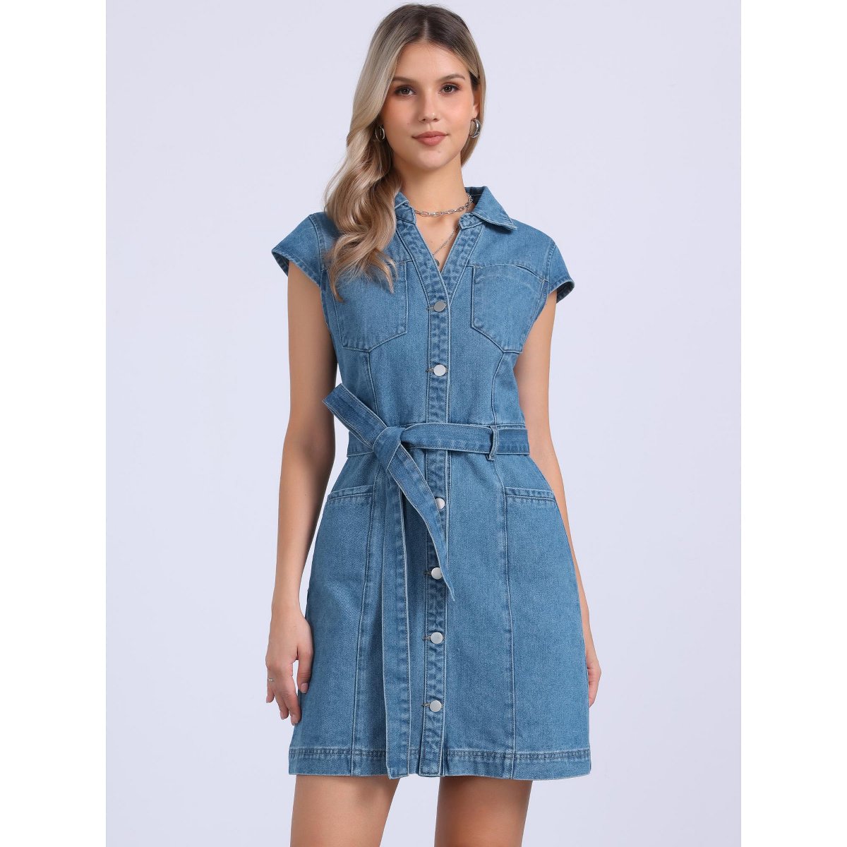 Женские платья INSPIRE CHIC Women's V-neck Cap Sleeve Belted Dress Light Blue Medium — фото 2