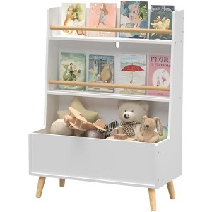 Kids Floor Standing Bookshelf and Toy Storage Organizer, Wooden Open Shelf Bookcase with Bottom Storage for Bedroom or Living Room, White - 1 of 4