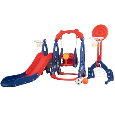 Infurnic Baby Activity Gyms 5-in-1 Kids Playground, Giraffe Design, Slide, Swing, Basketball, Football, Multicolored, 26.77"*5.91"*15.35"