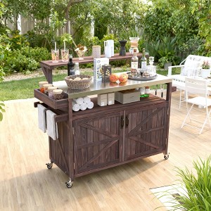 BAOURE 53.3" Outdoor Kitchen Island with Raised Shelf, Solid Wood Storage Cabinet with Stainless Steel Top, Rolling Grill Cart - Brown - 1 of 4