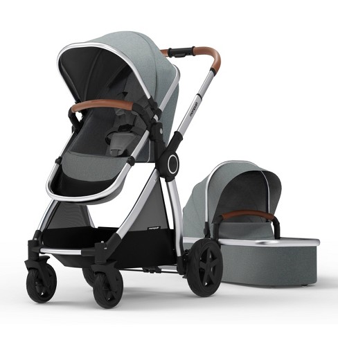 Mompush Ultimate 2 Full Size Stroller with Bassinet Gray Fabric Silver Frame