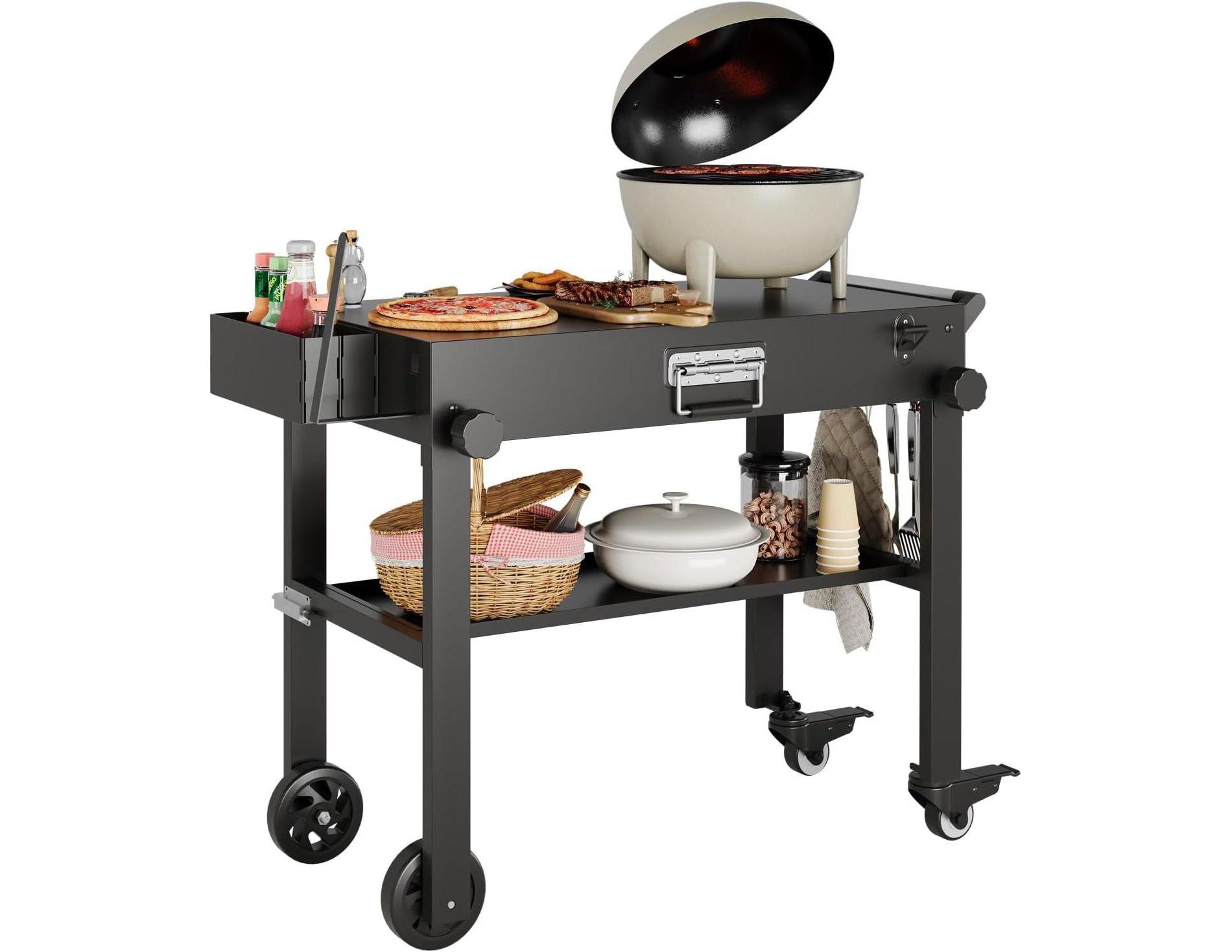 Foldable Blackstone Stand with Wheels, Sturdy Outdoor Grill Cart with Seasoning Tray & Paper Towel Holder for Camping, Tailgating & Kitchen
