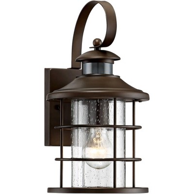 John Timberland Modern Outdoor Light Fixture Oiled Bronze 14" Seedy Glass Lantern Dusk to Dawn Motion Security Sensor for Exterior Porch