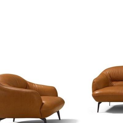 66" Cognac Brown Leather Pillow Back Loveseat with Metal Legs