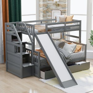 Multifunctional Twin Over Full Bunk Bed With Storage Drawers Staircase Slide Guardrail Space-Saving Dormitory Furniture Twin Over Twin Bunk Bed - 1 of 4