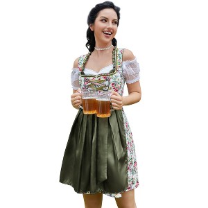 Vintage Women's Dress Set - White Floral Embroidered Square Neck Dress, Green Apron & Off-Shoulder Crop Top - 1 of 4
